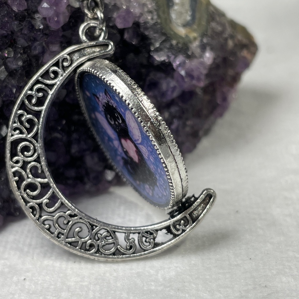 Double Black Cat Double Sided Moon Pendant - Gothic Witchy Jewelry -Artisan - Picture 7 of 16